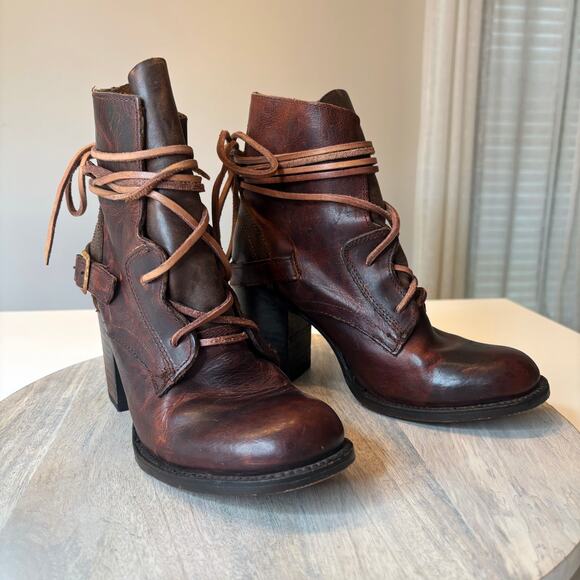 freebird Shoes - Freebird Billy Brown Leather Lace Up Ankle Boots Women's Sz 9 Block Heel Boho